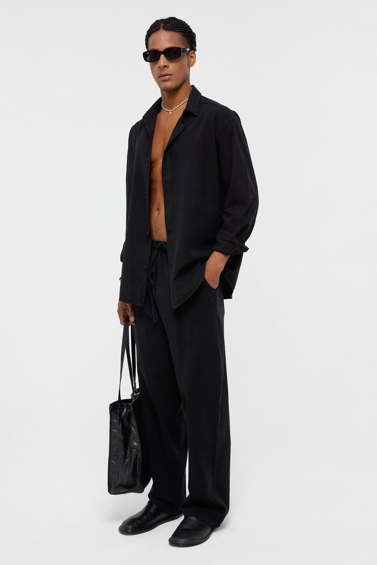 Basic Oversize Keten Takım Siyah