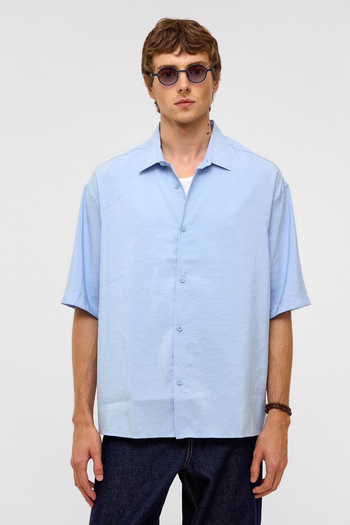 Basic Oversize Kısa Kollu Modal  Gömlek Bebe Mavi