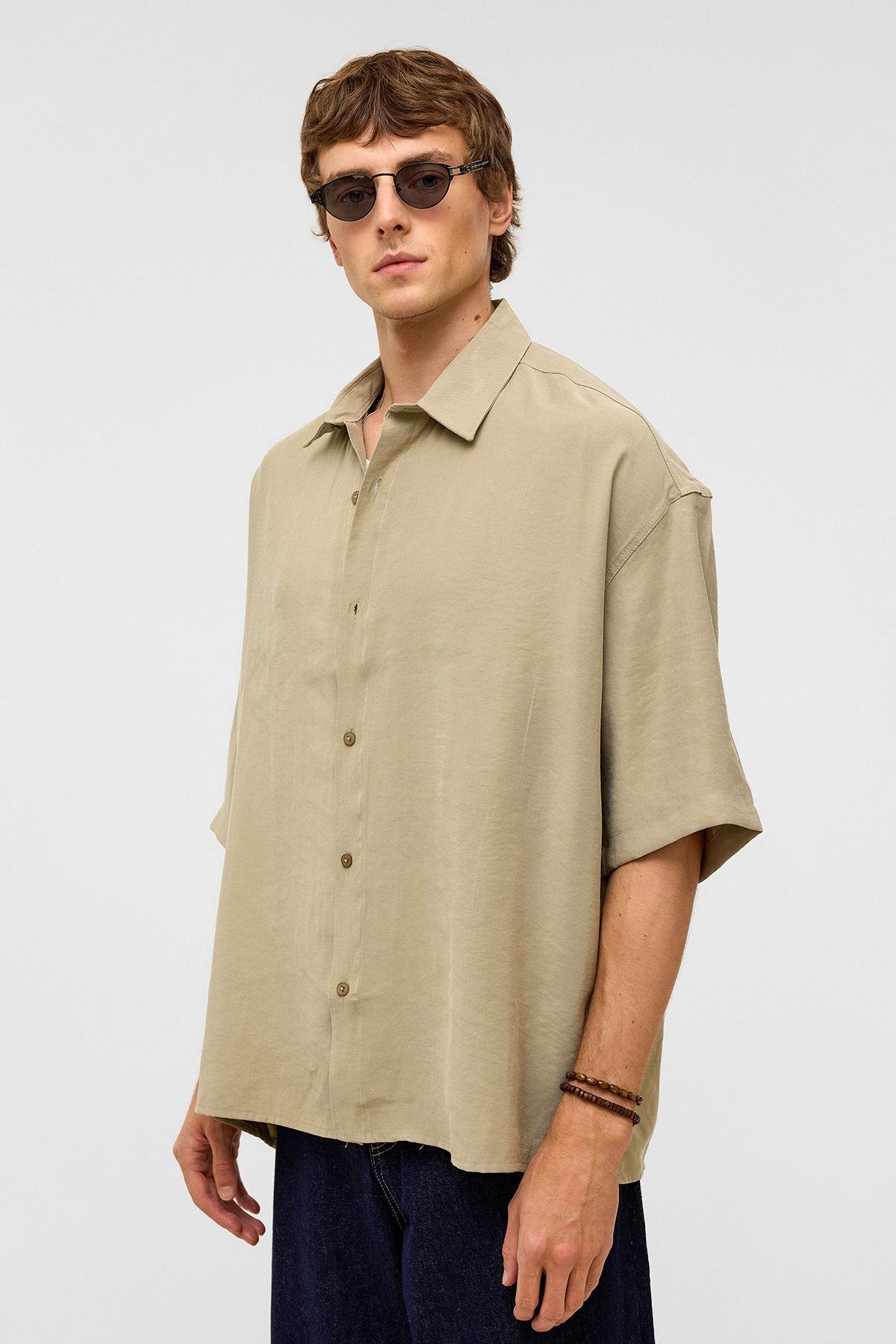 Basic Oversize Kısa Kollu Modal  Gömlek Haki