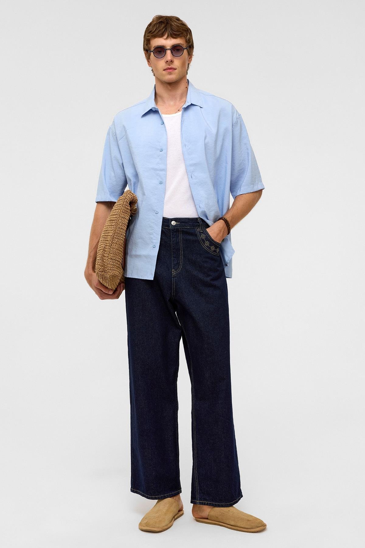 Basic Oversize Kısa Kollu Modal  Gömlek Bebe Mavi