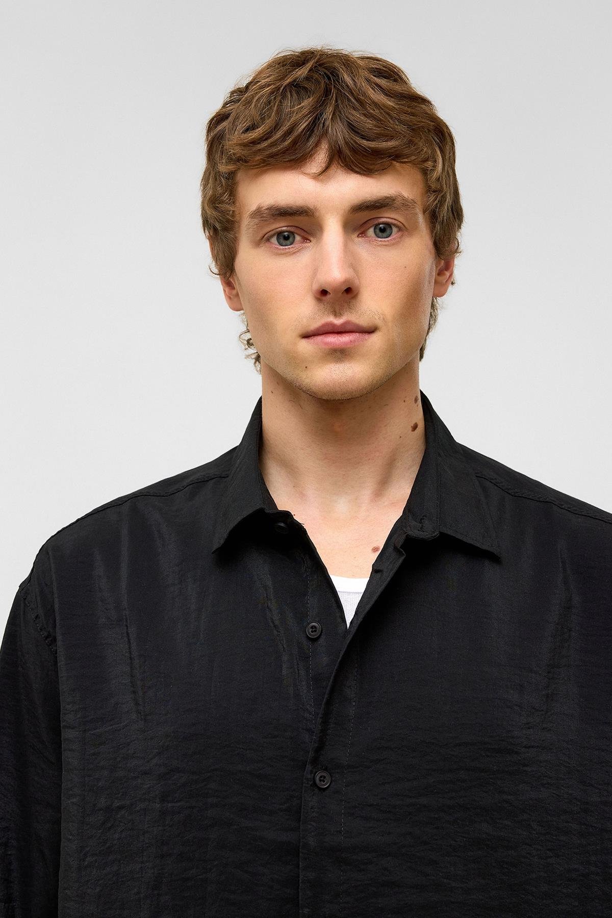 Basic Oversize Kısa Kollu Modal  Gömlek Siyah