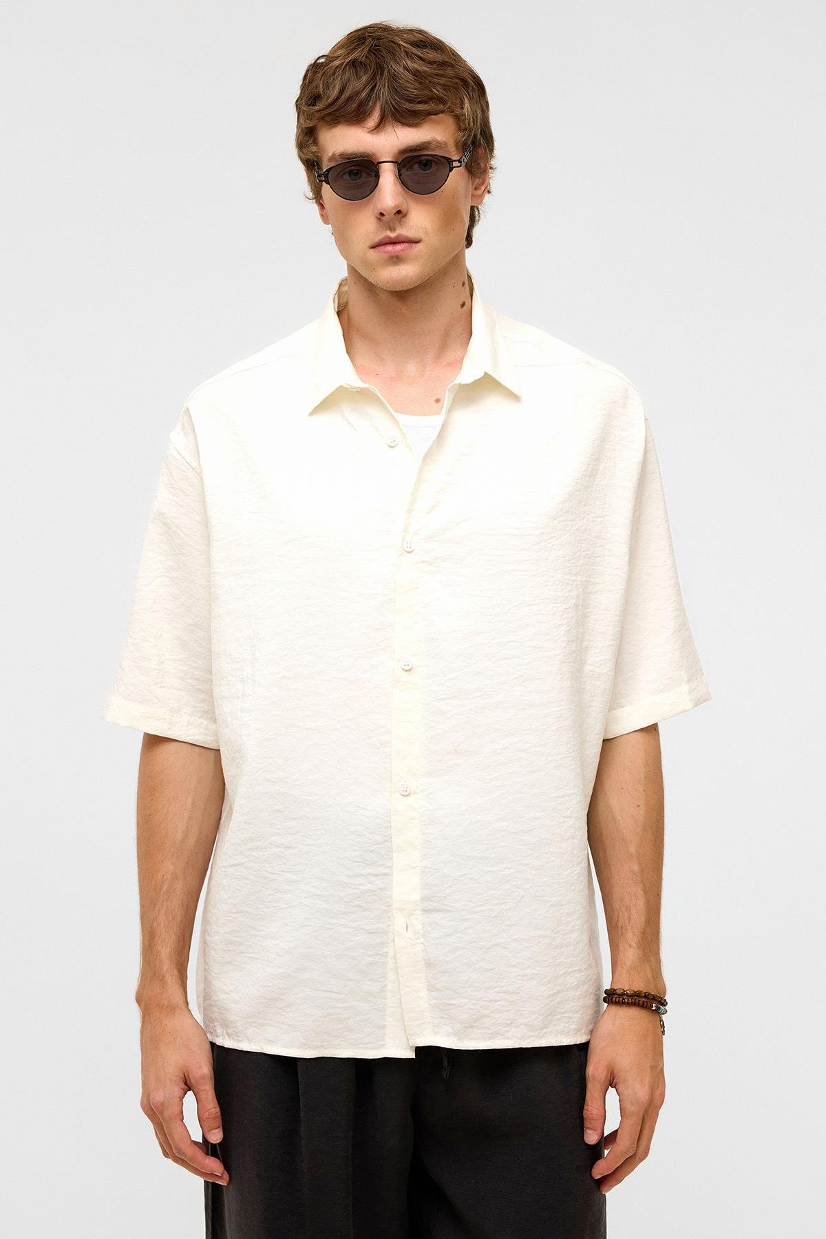 Basic Oversize Kısa Kollu Modal  Gömlek Ekru