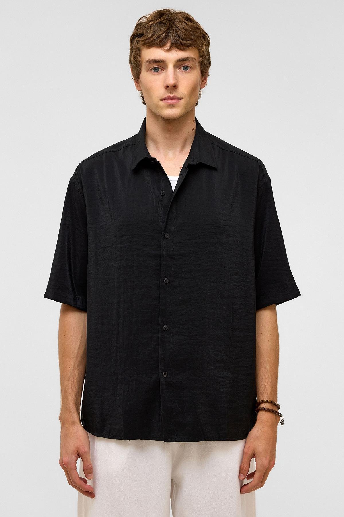 Basic Oversize Kısa Kollu Modal  Gömlek Siyah
