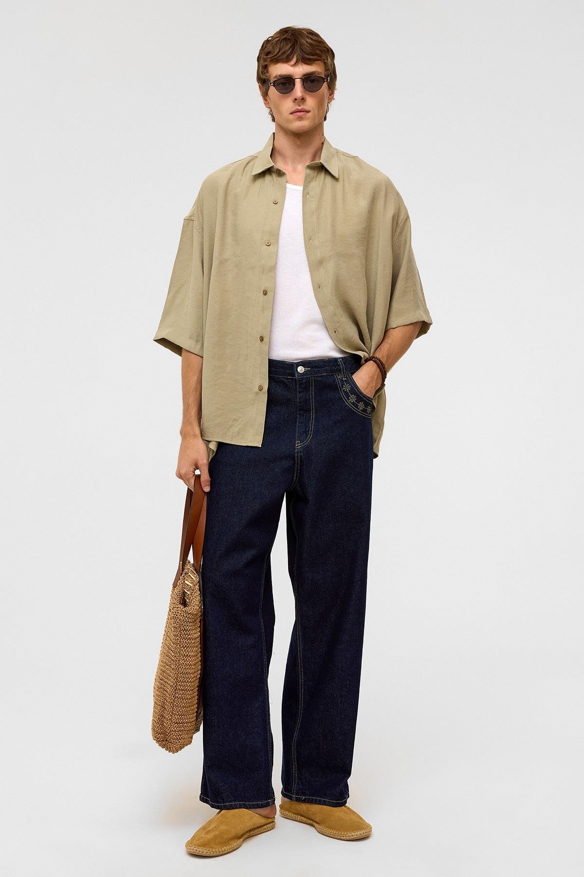 Basic Oversize Kısa Kollu Modal  Gömlek Haki