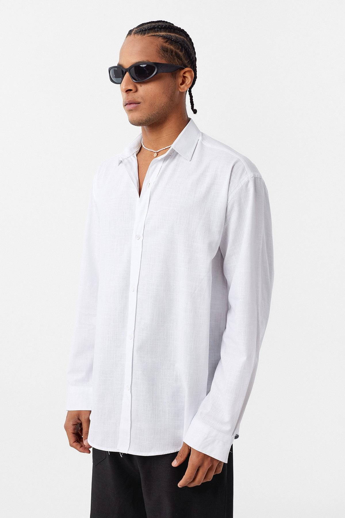 Basic Oversize Pamuk  Keten Gömlek Beyaz