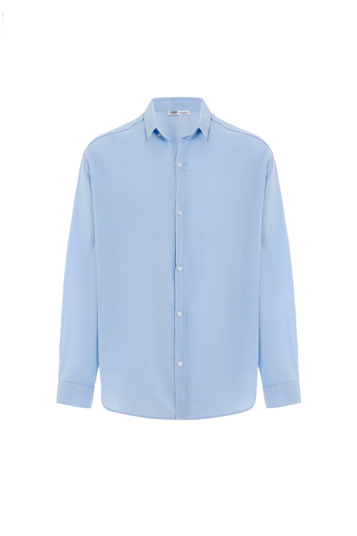 Basic Oversize Pamuk  Keten Gömlek Mavi