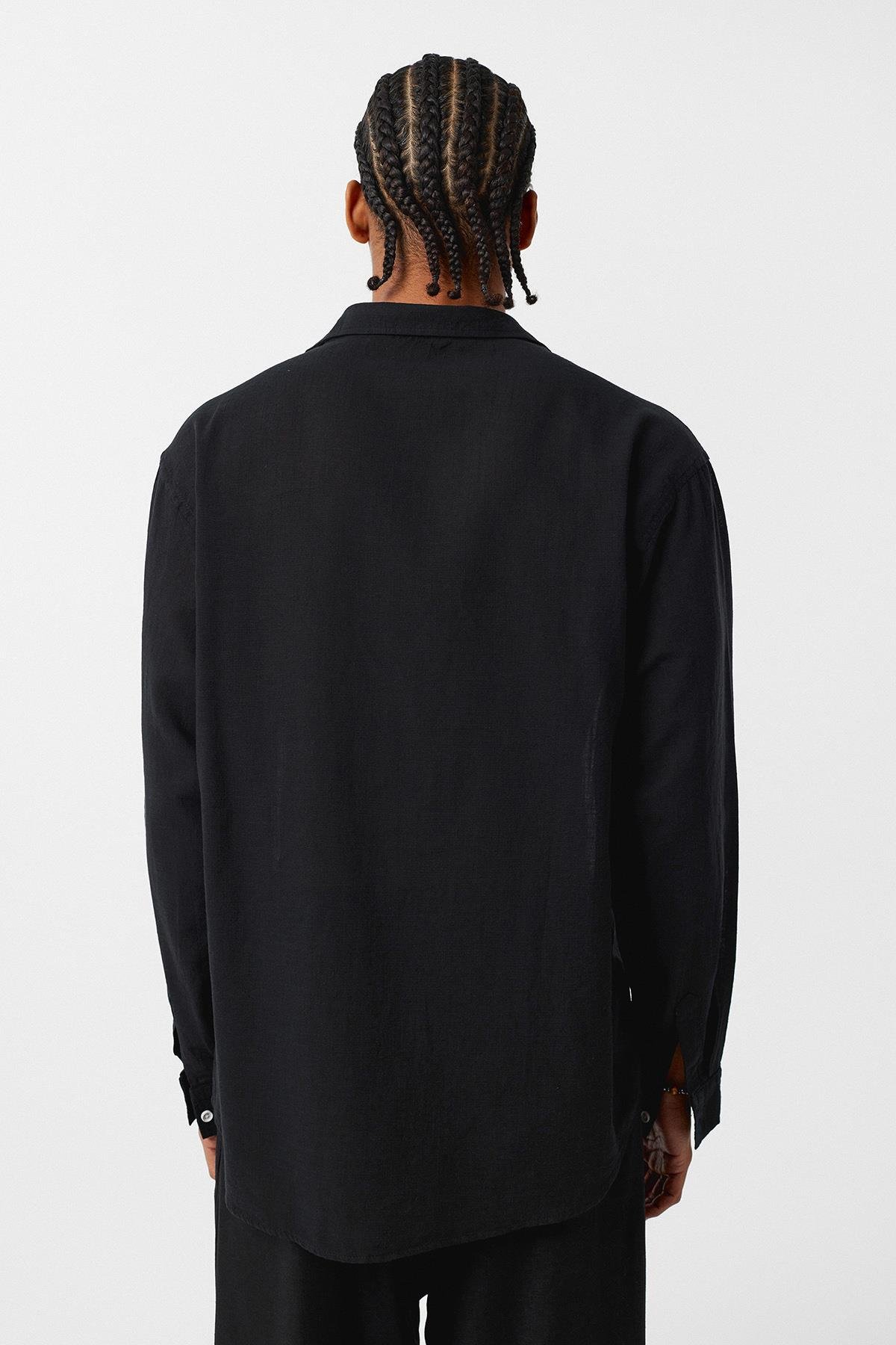 Basic Oversize Pamuk  Keten Gömlek Siyah