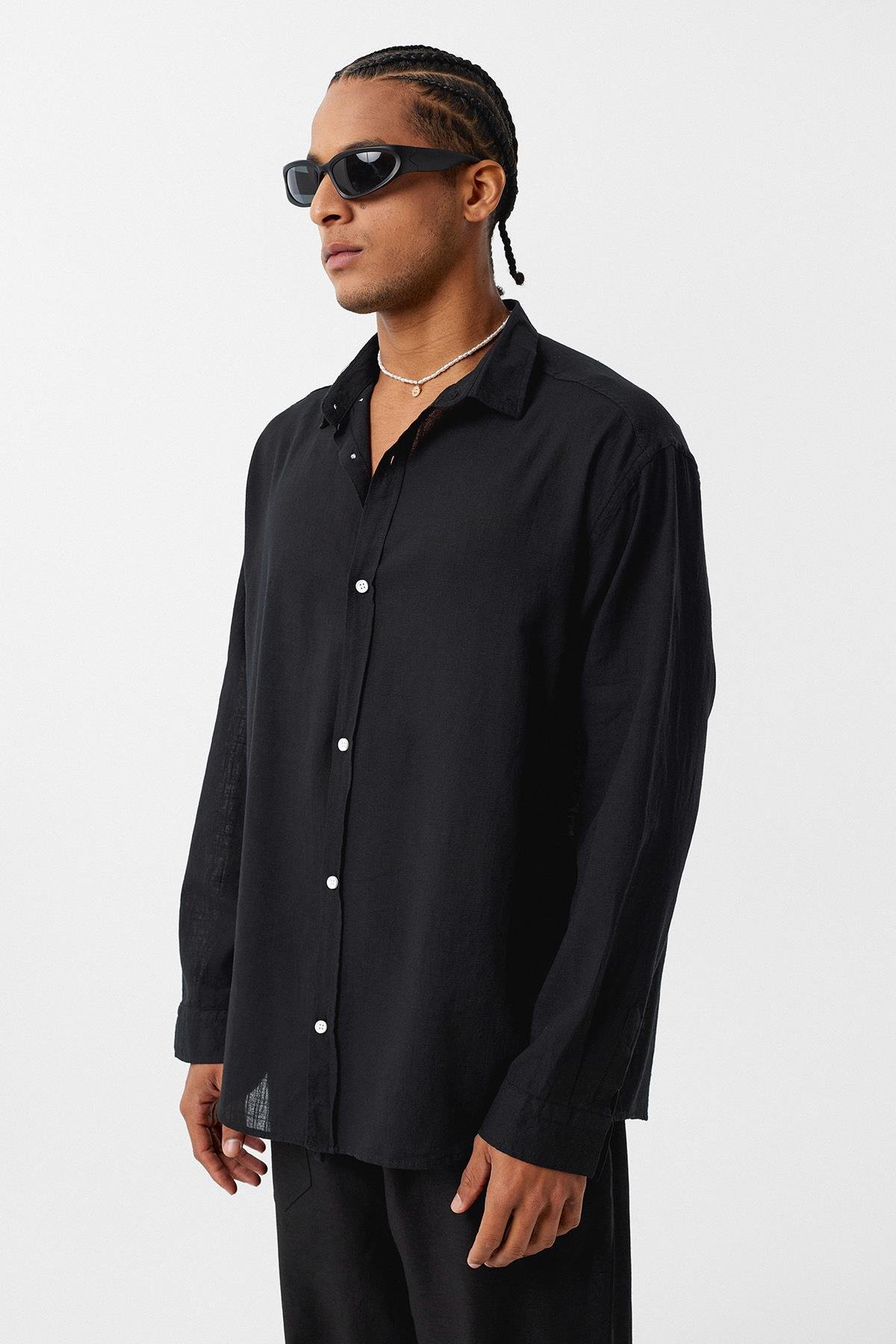 Basic Oversize Pamuk  Keten Gömlek Siyah