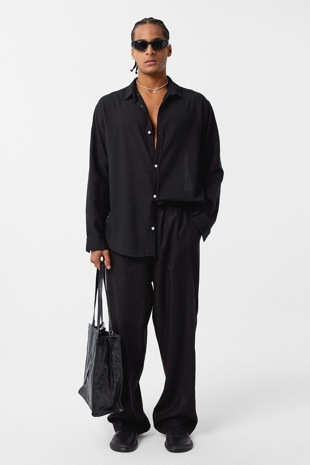 Basic Oversize Pamuk  Keten Gömlek Siyah