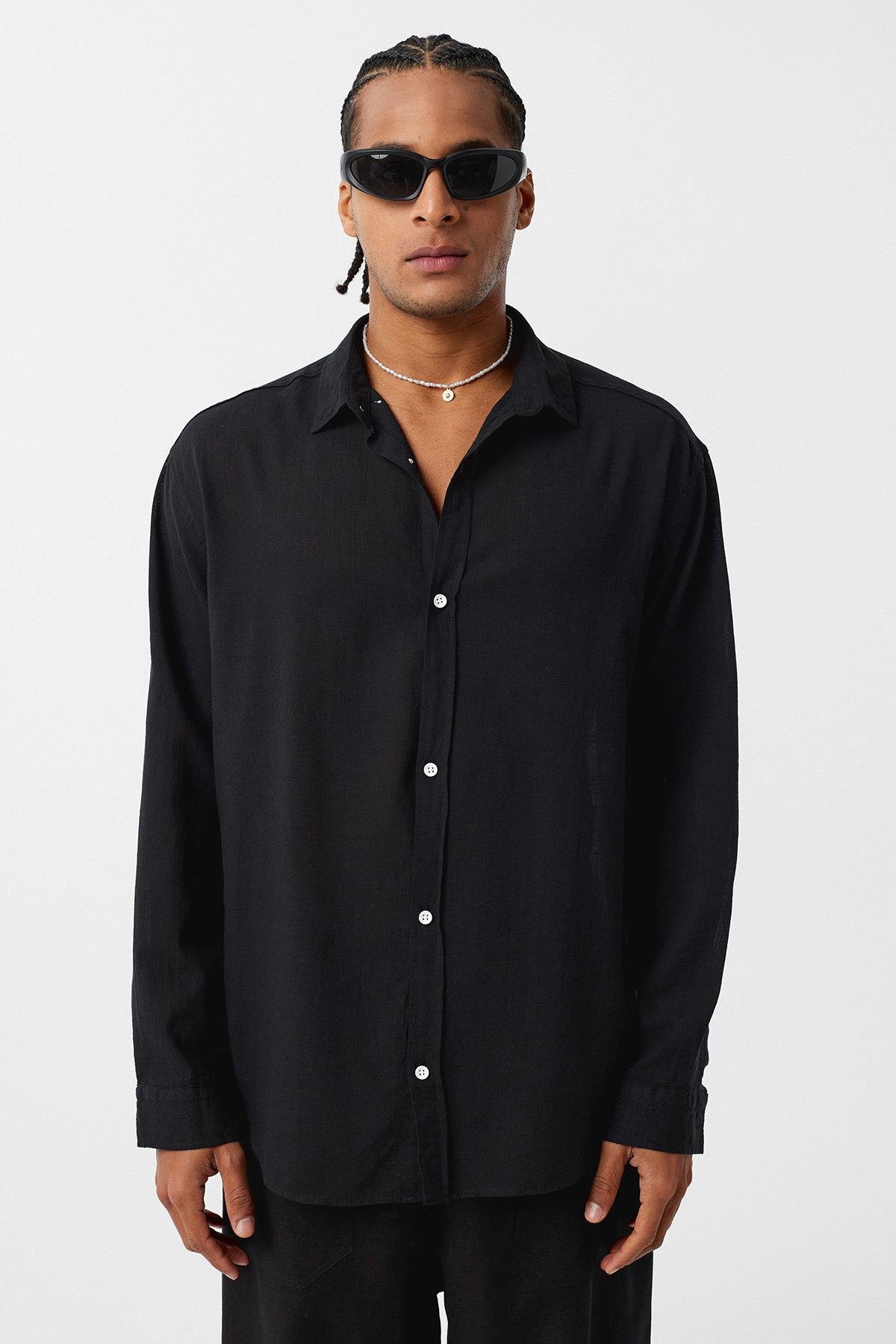 Basic Oversize Pamuk  Keten Gömlek Siyah