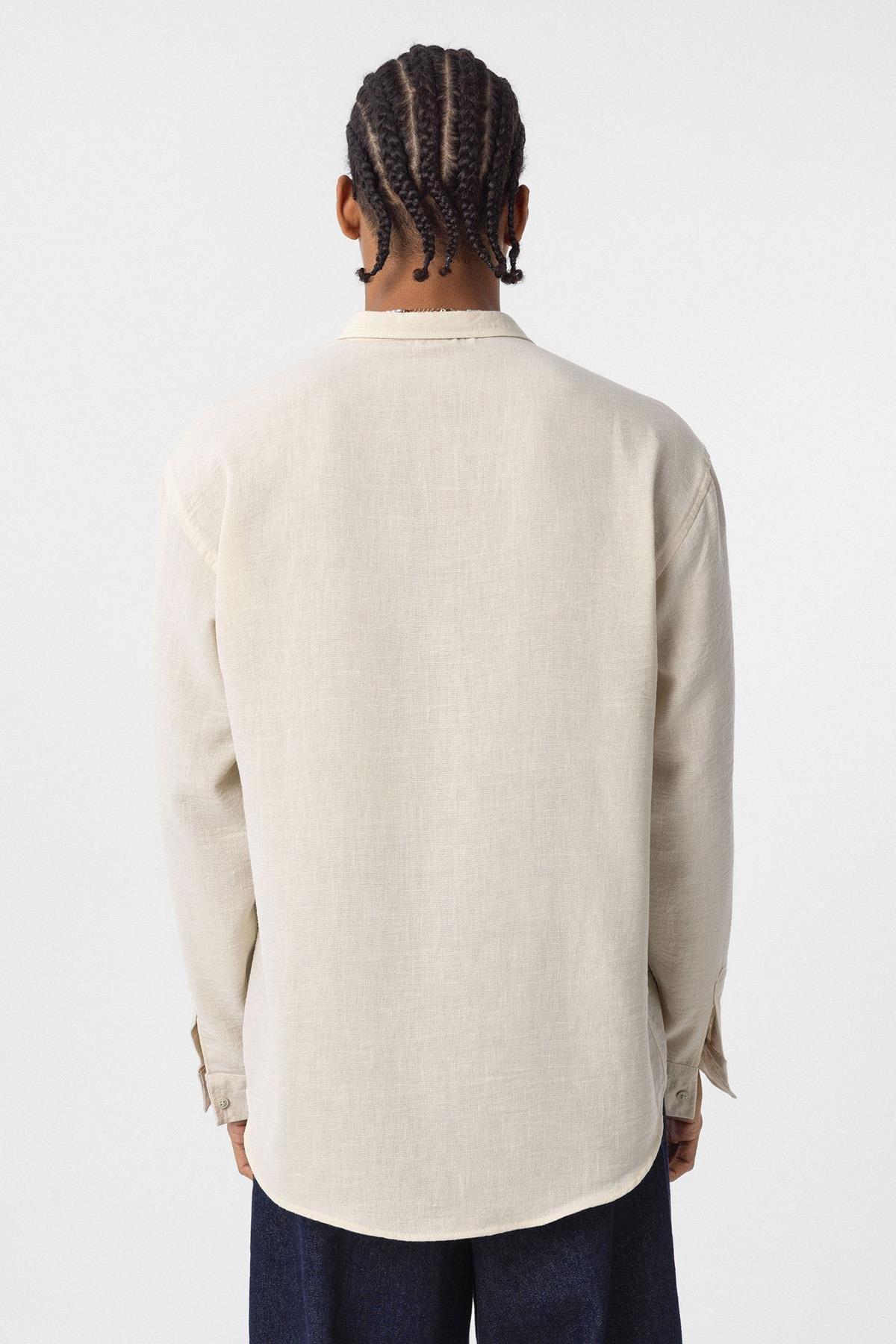 Basic Oversize Uzun Kol Keten Gömlek Bej