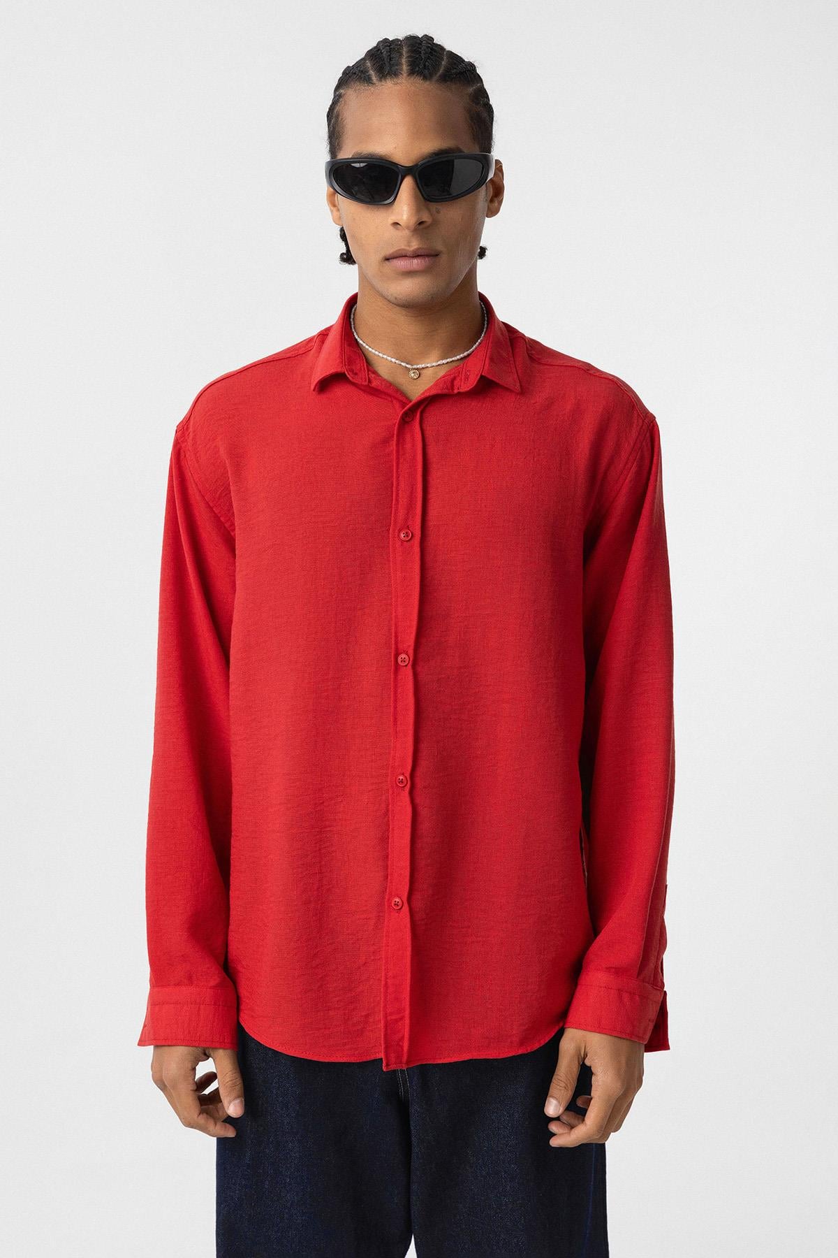Basic Oversize Uzun Kol Keten Gömlek Kırmızı