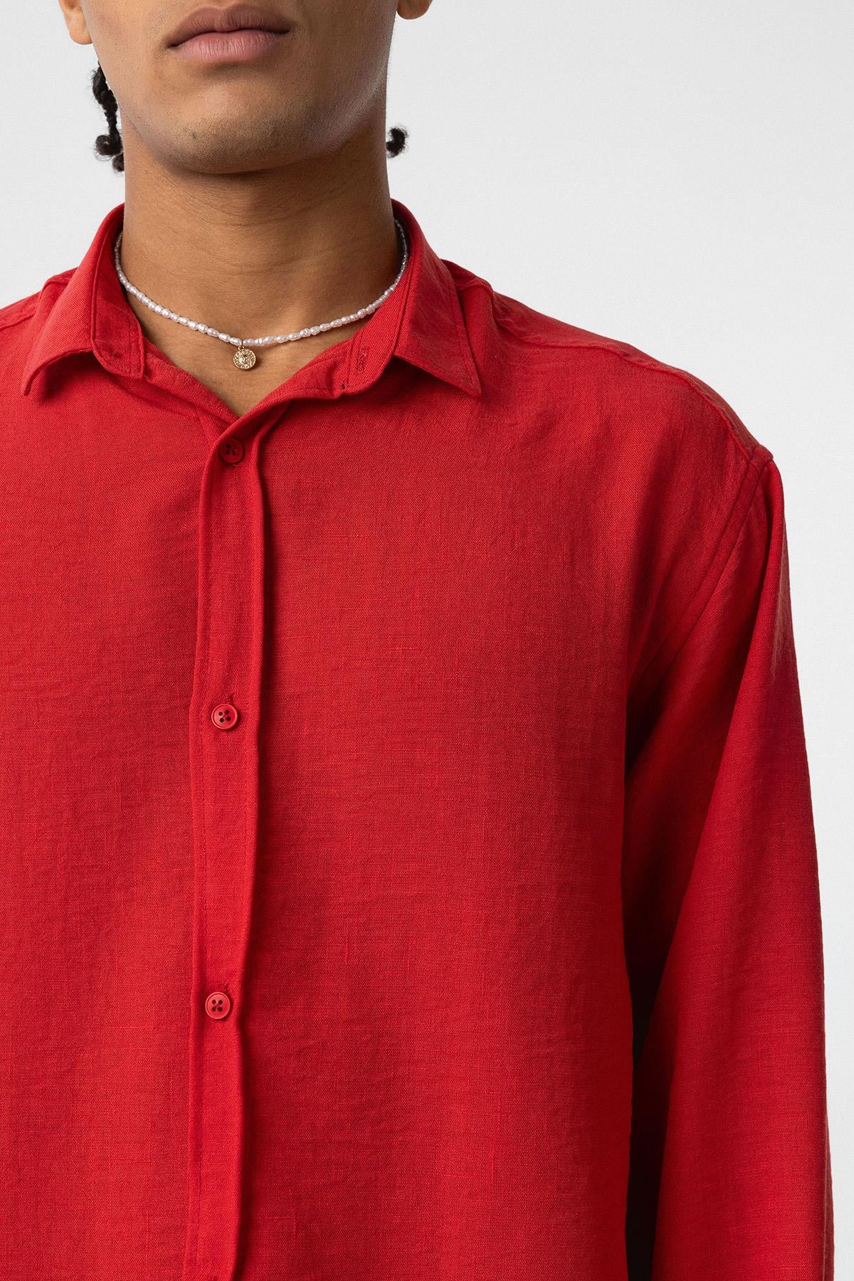 Basic Oversize Uzun Kol Keten Gömlek Kırmızı