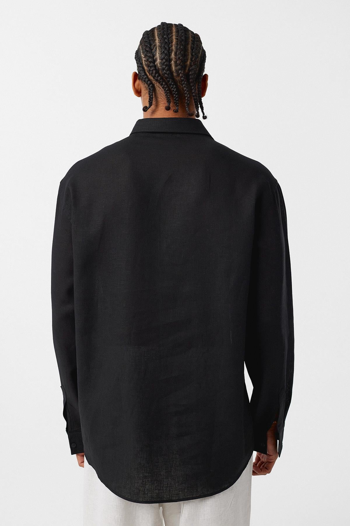 Basic Oversize Uzun Kollu Keten Gömlek Siyah