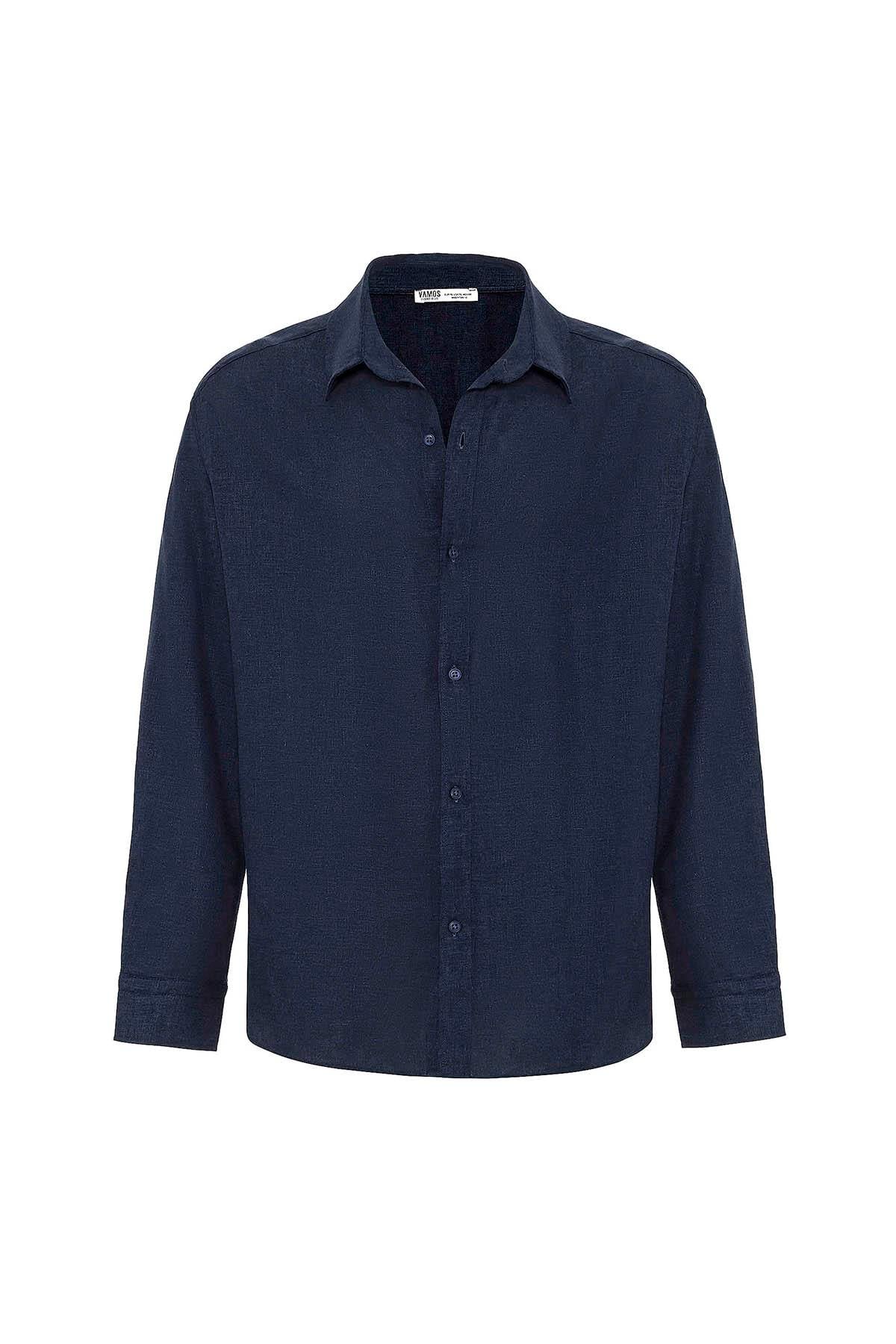 Basic Oversize Uzun Kollu Keten Gömlek Lacivert