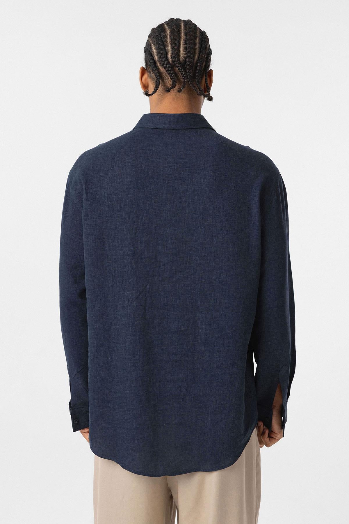Basic Oversize Uzun Kollu Keten Gömlek Lacivert
