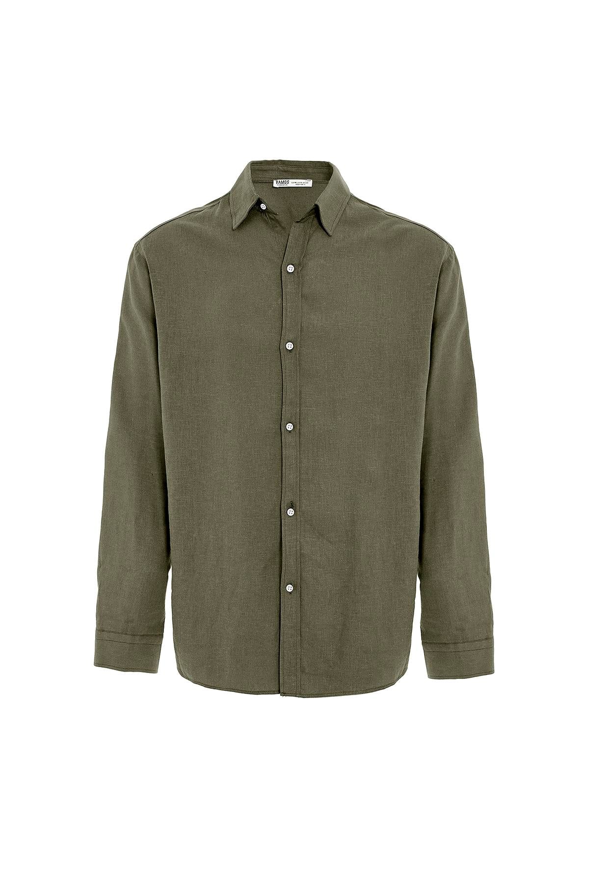Basic Oversize Uzun Kollu Keten Gömlek Haki