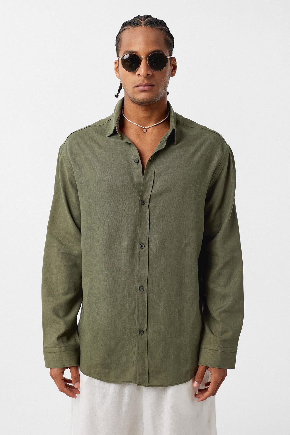 Basic Oversize Uzun Kollu Keten Gömlek Haki