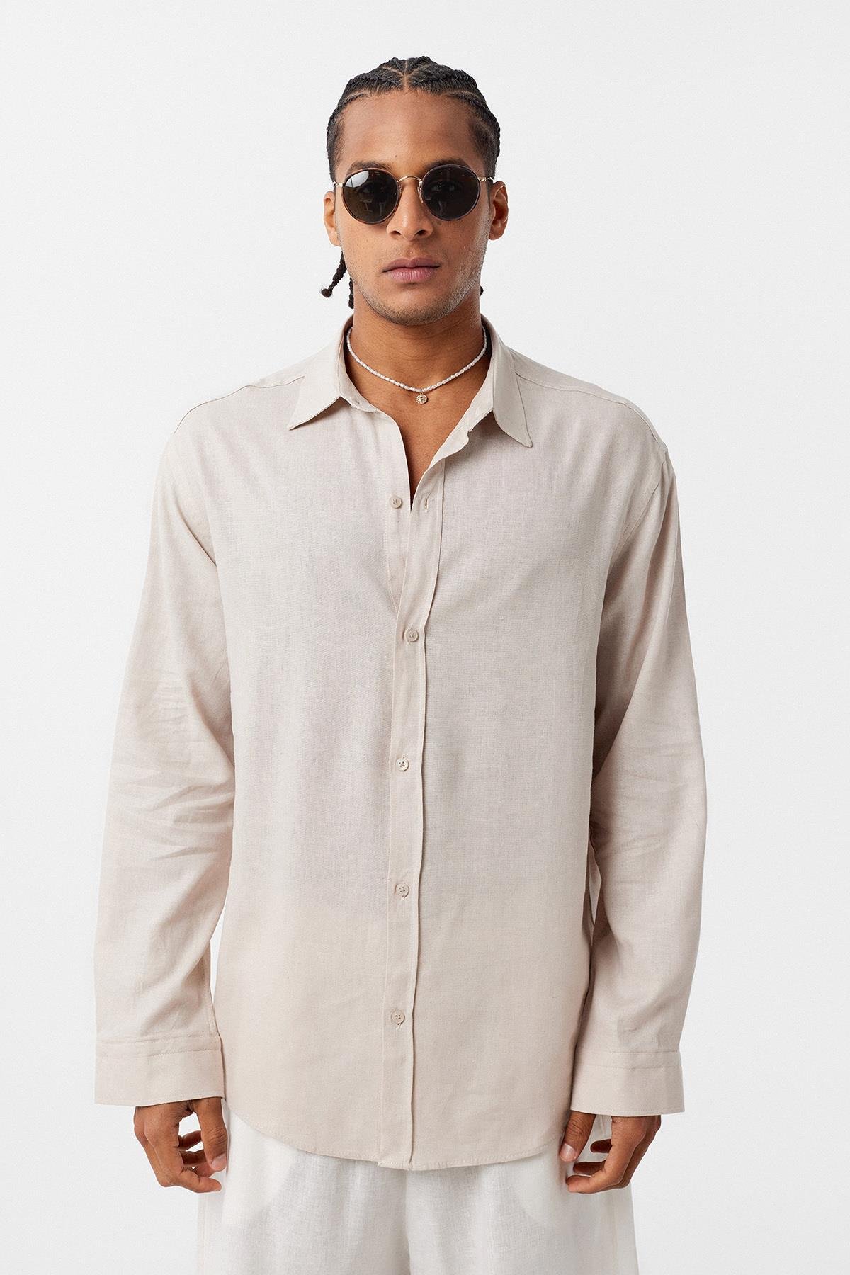 Basic Oversize Uzun Kollu Keten Gömlek Bej