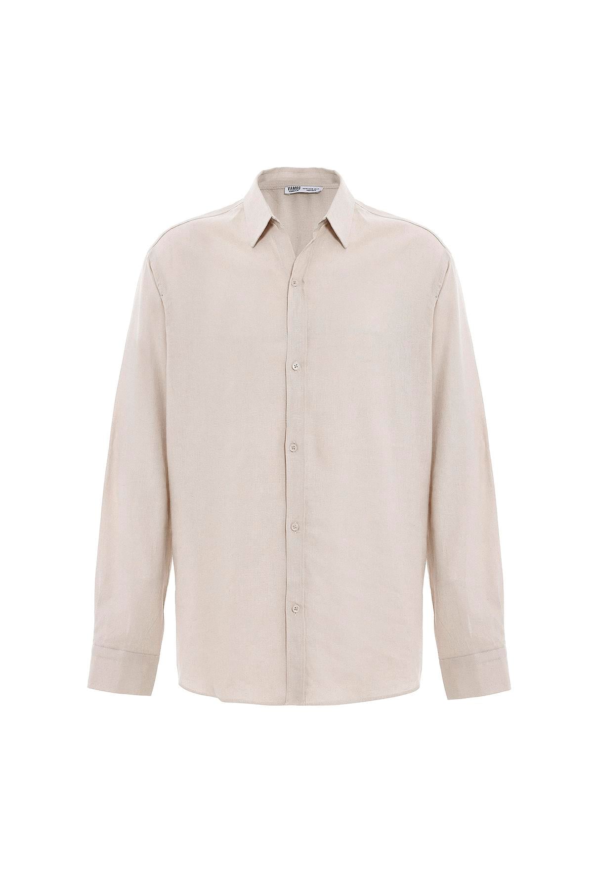 Basic Oversize Uzun Kollu Keten Gömlek Bej