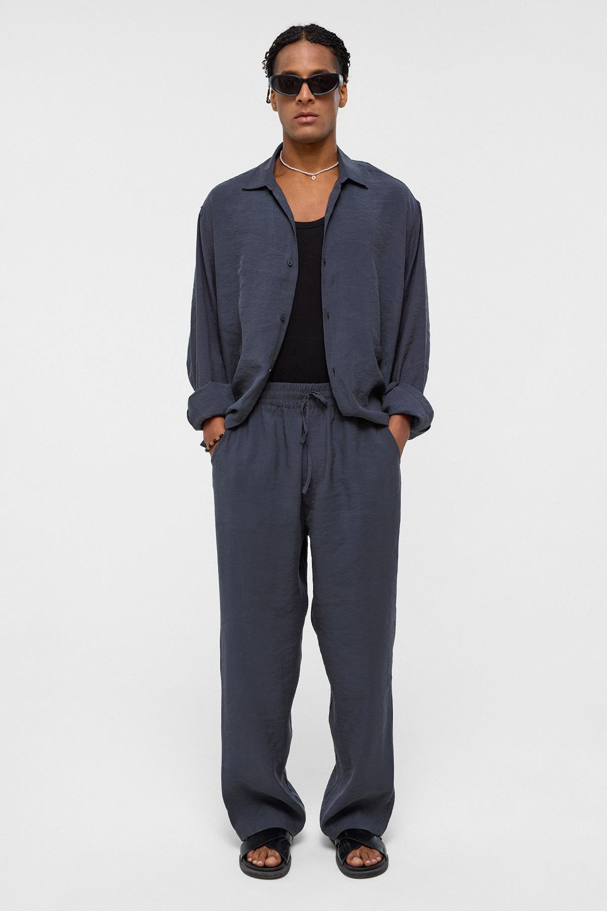 Basıc Oversize Uzun Kollu Modal Karışımlı Gömlek Antrasit