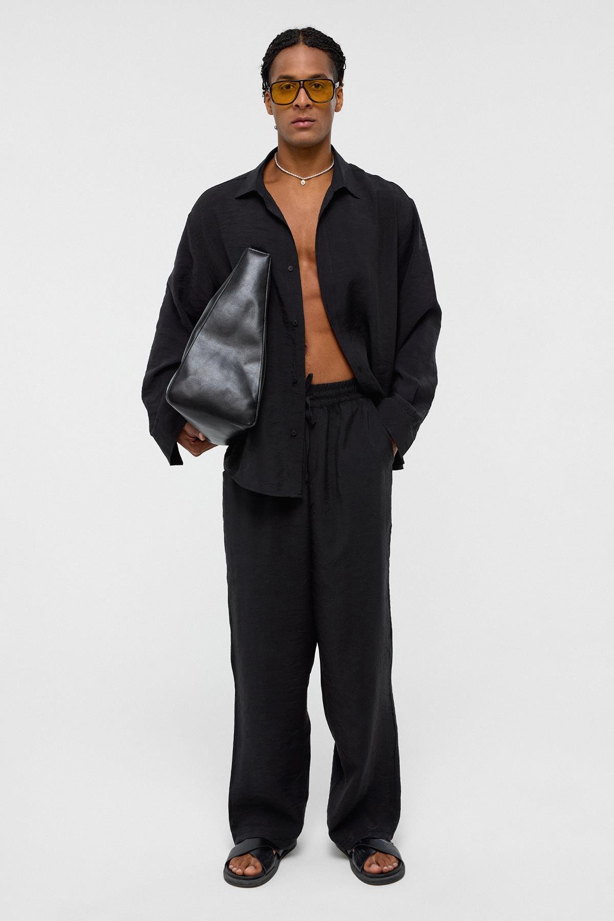 Basıc Oversize Uzun Kollu Modal Karışımlı Gömlek Siyah