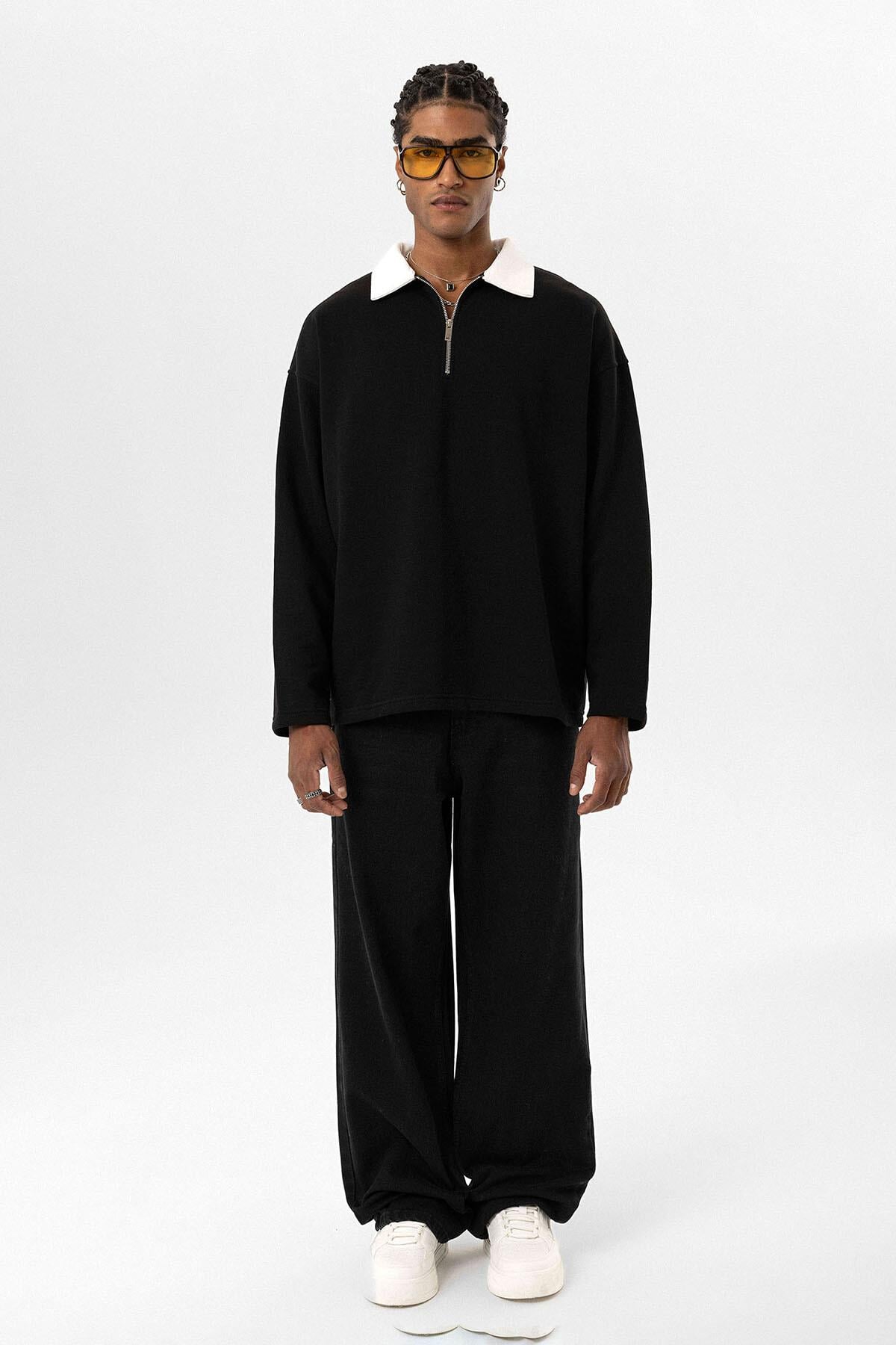Basıc Polo Yaka Fermuar Detaylı Sweatshirt Siyah