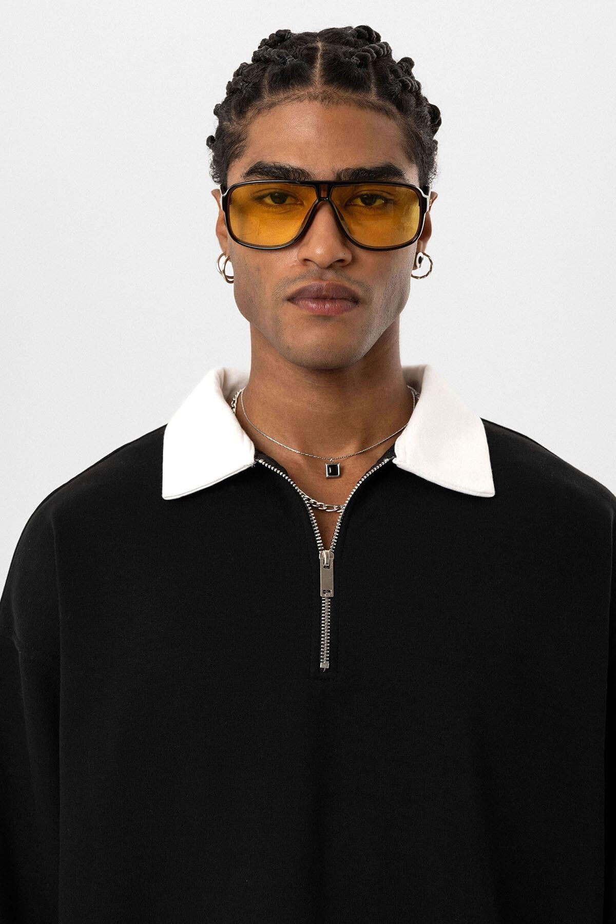 Basıc Polo Yaka Fermuar Detaylı Sweatshirt Siyah