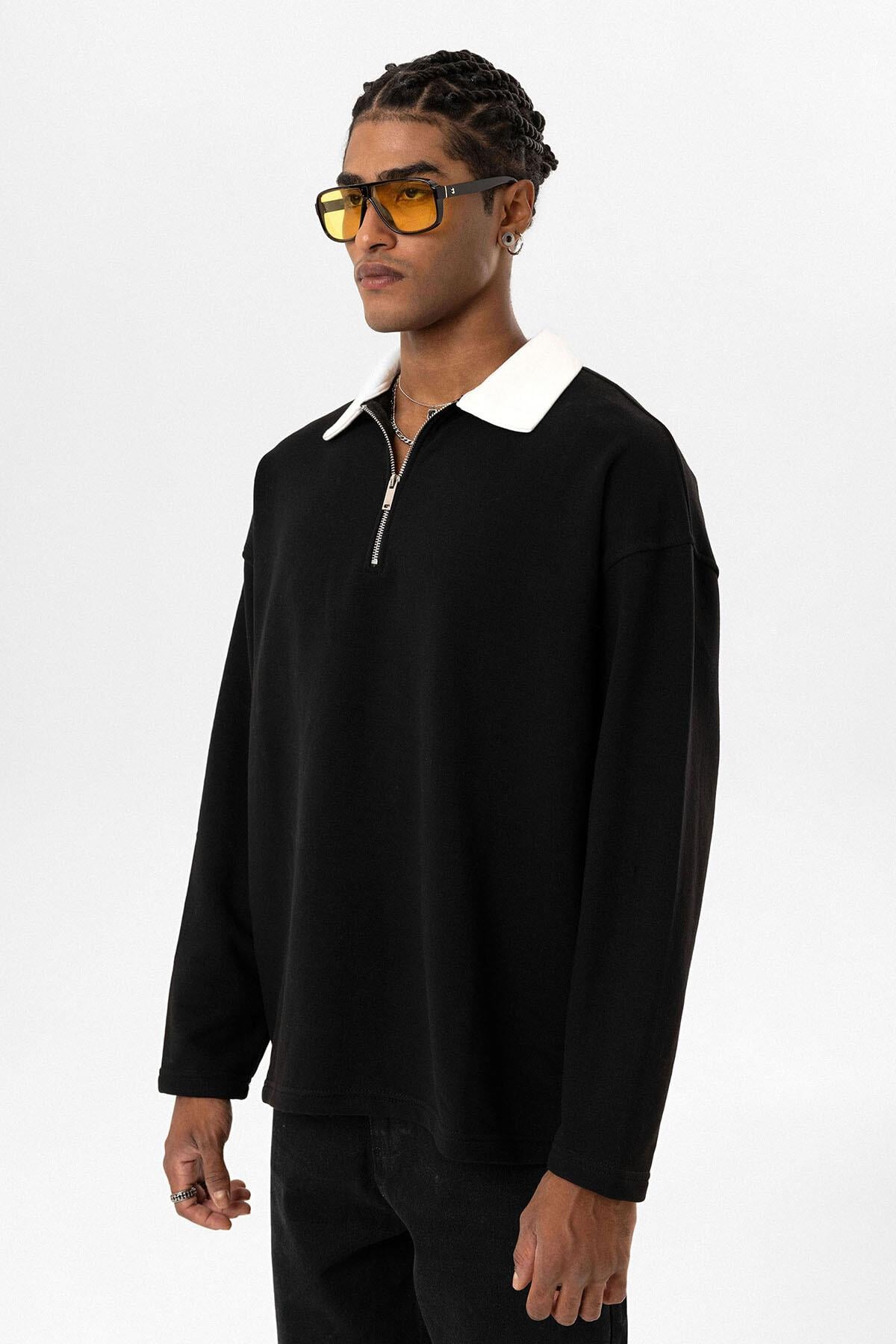 Basıc Polo Yaka Fermuar Detaylı Sweatshirt Siyah