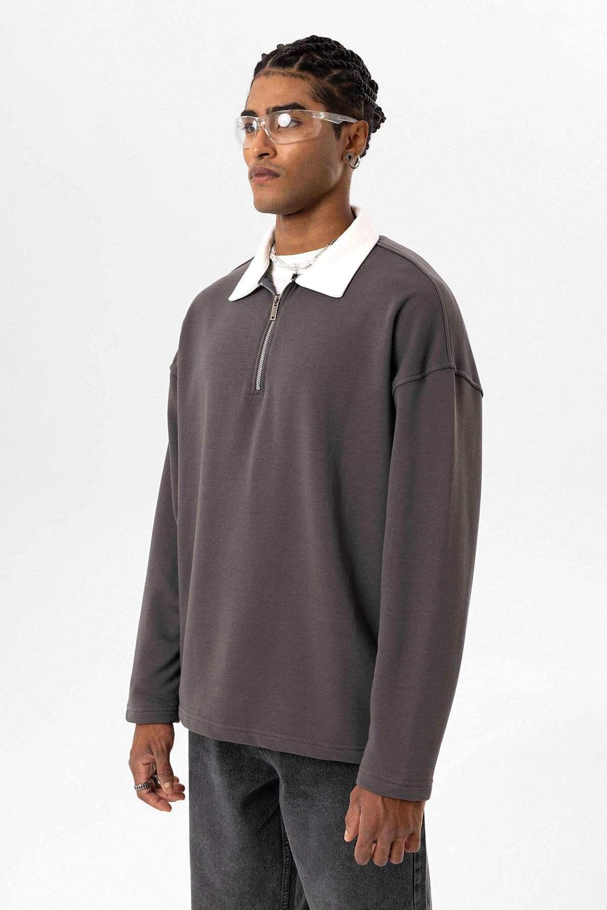 Basıc Polo Yaka Fermuar Detaylı Sweatshirt Füme