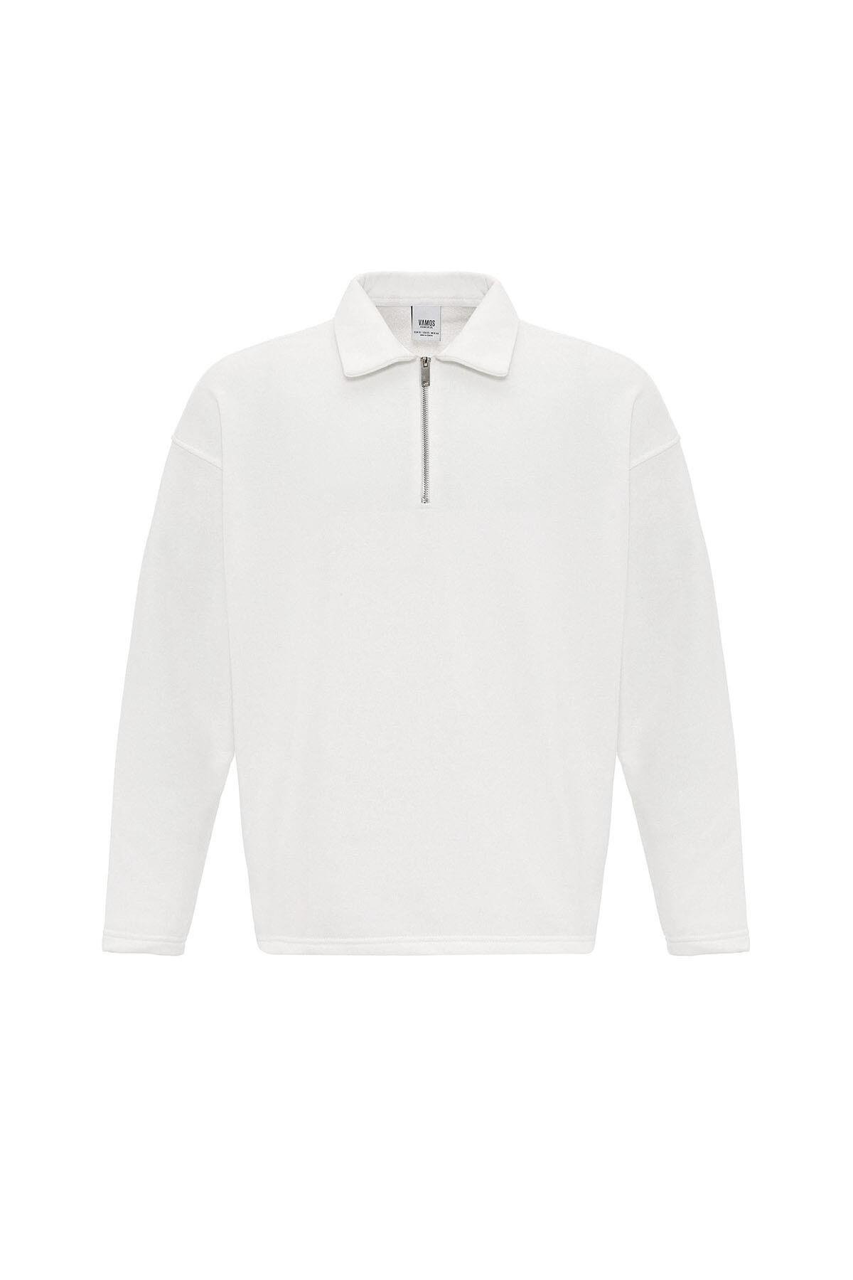 Basıc Polo Yaka Fermuar Detaylı Sweatshirt Ekru