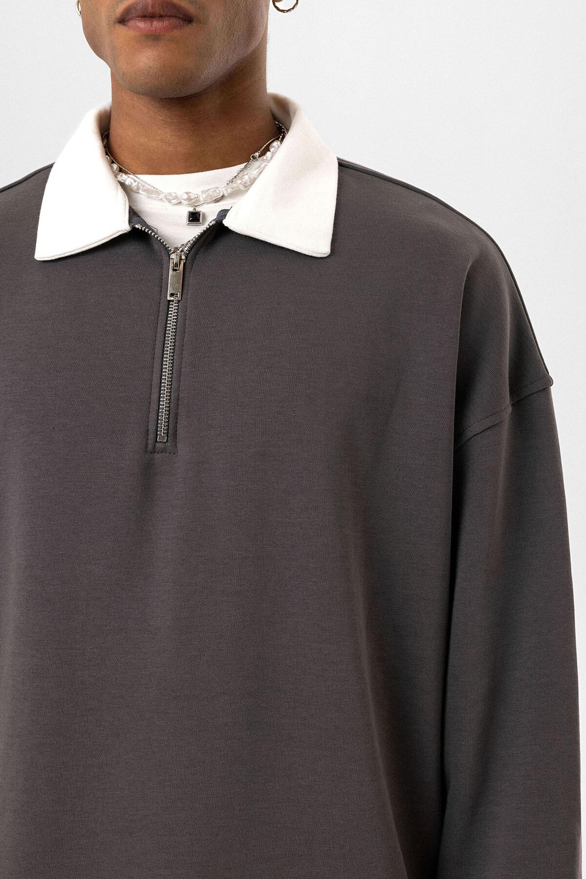 Basıc Polo Yaka Fermuar Detaylı Sweatshirt Füme