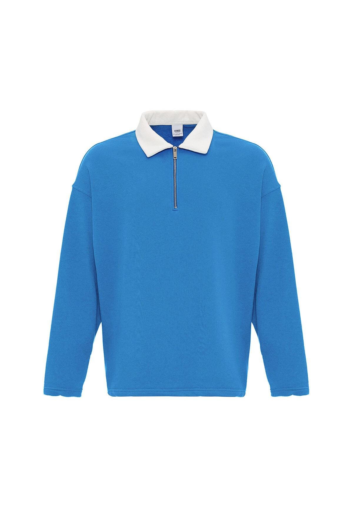 Basıc Polo Yaka Fermuar Detaylı Sweatshirt Turkuaz