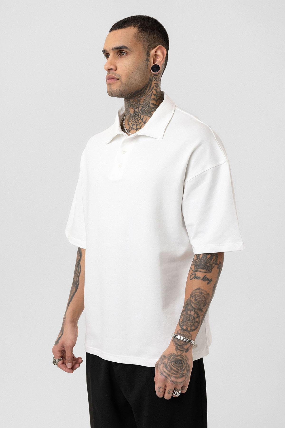 Basic Polo Yaka Oversize Tişört Ekru