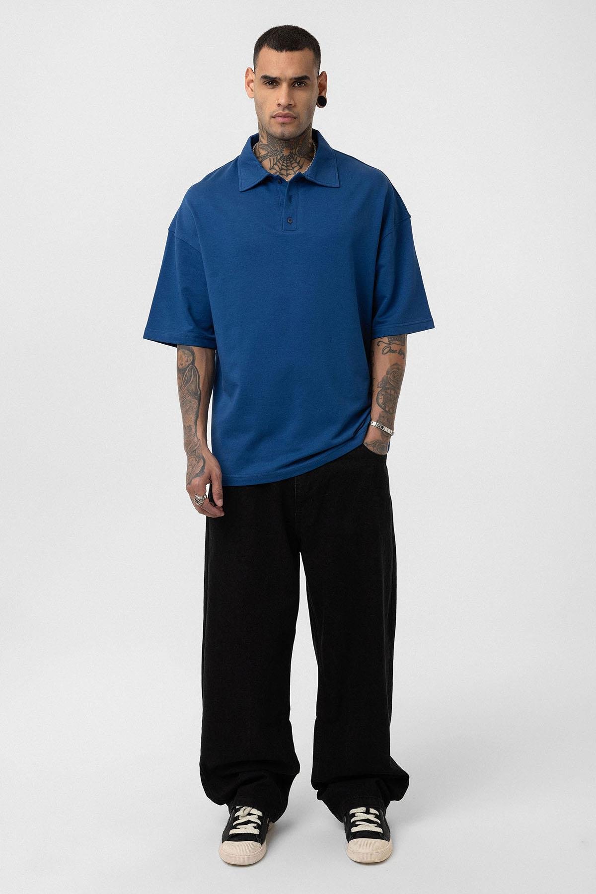 Basic Polo Yaka Oversize Tişört İndigo