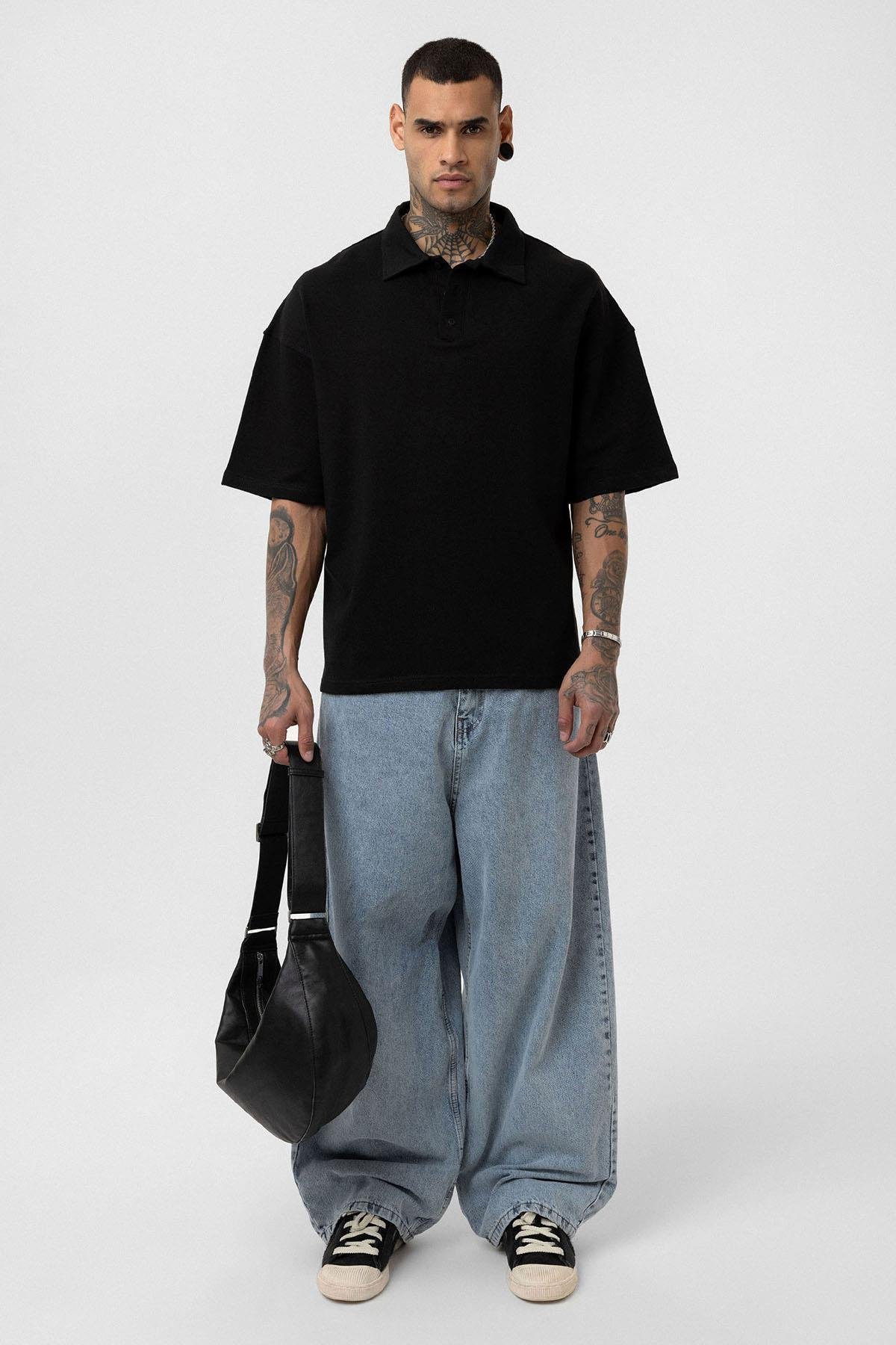 Basic Polo Yaka Oversize Tişört Siyah