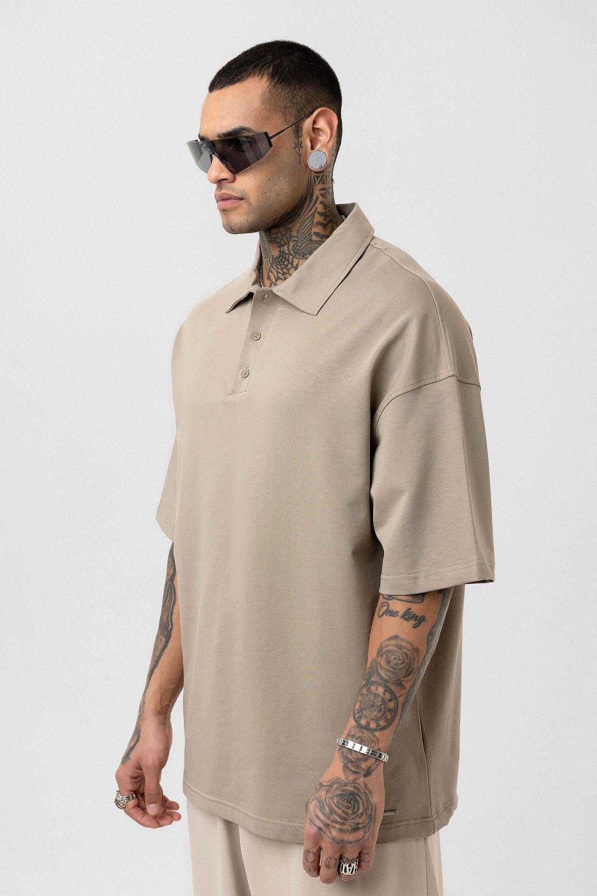 Basic Polo Yaka Oversize Tişört Vizon