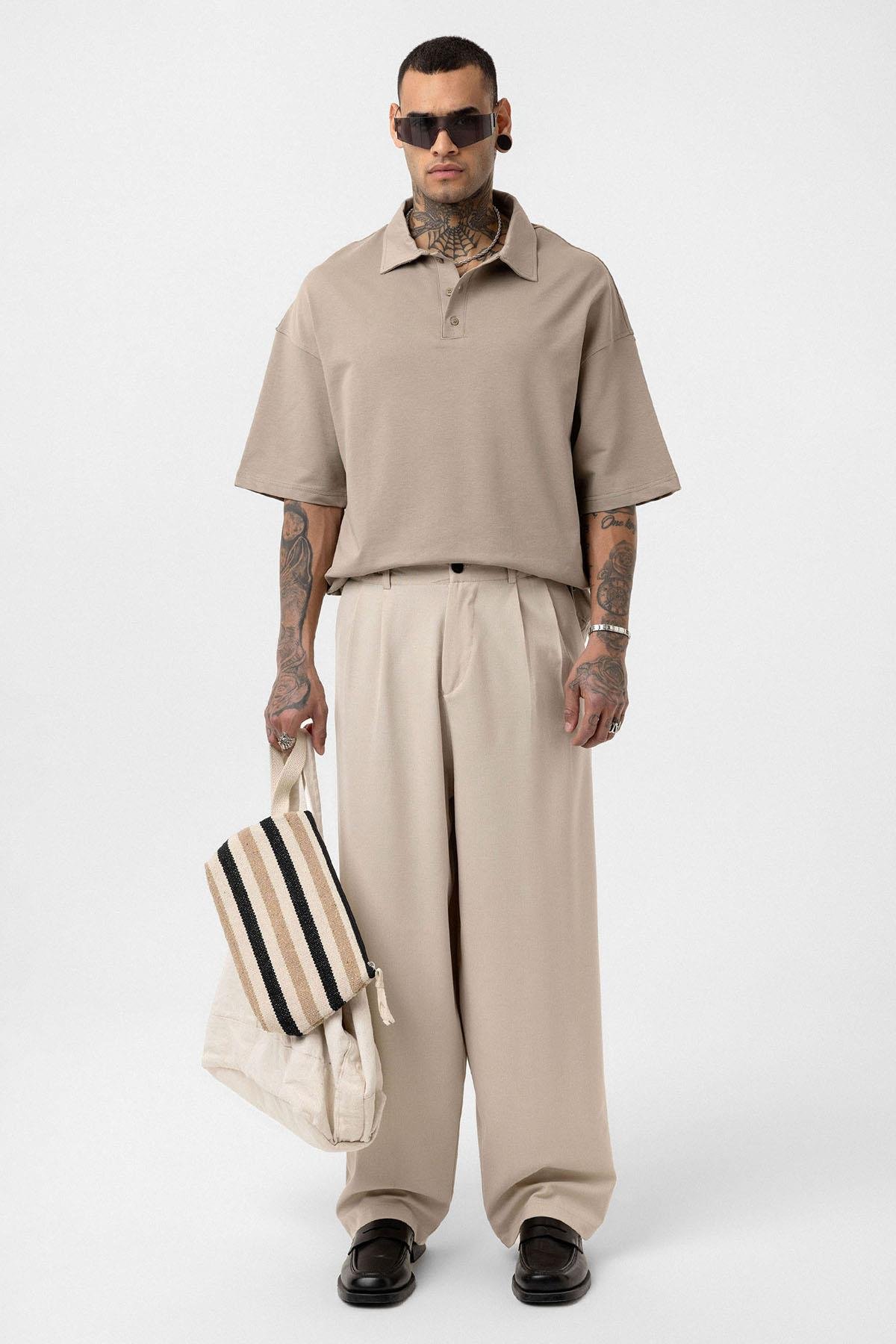 Basic Polo Yaka Oversize Tişört Vizon