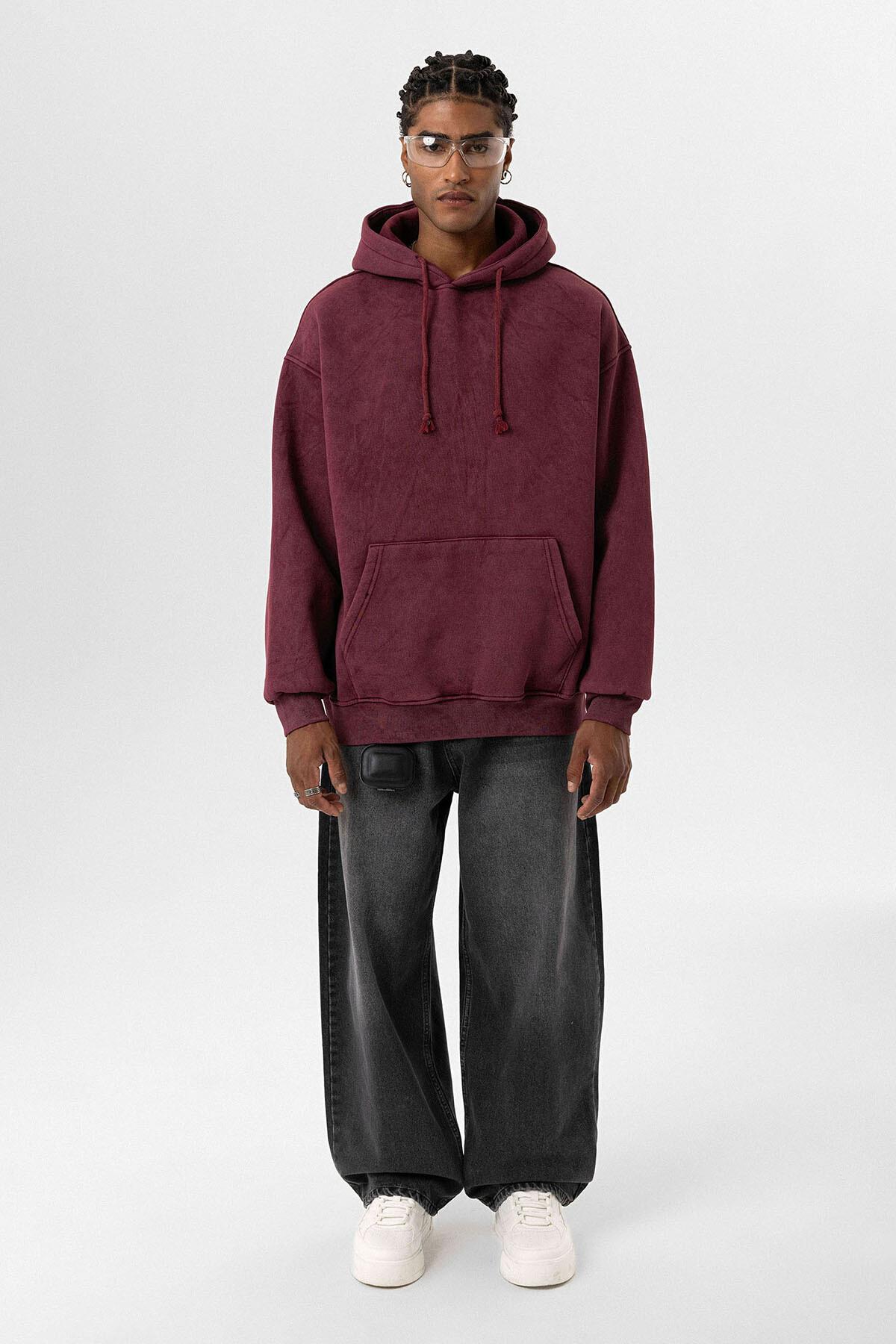 Basıc Yıkamalı Oversize Sweatshirt Bordo