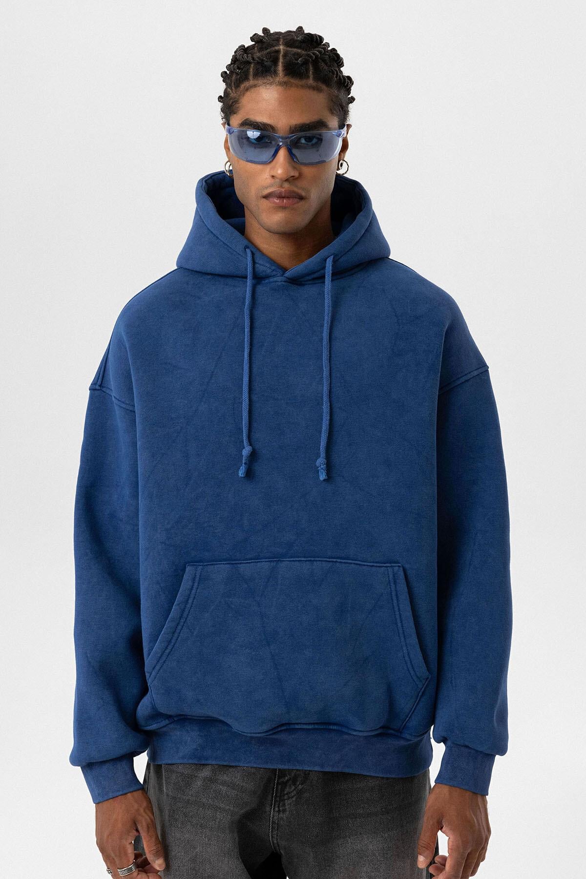 Basıc Yıkamalı Oversize Sweatshirt İndigo