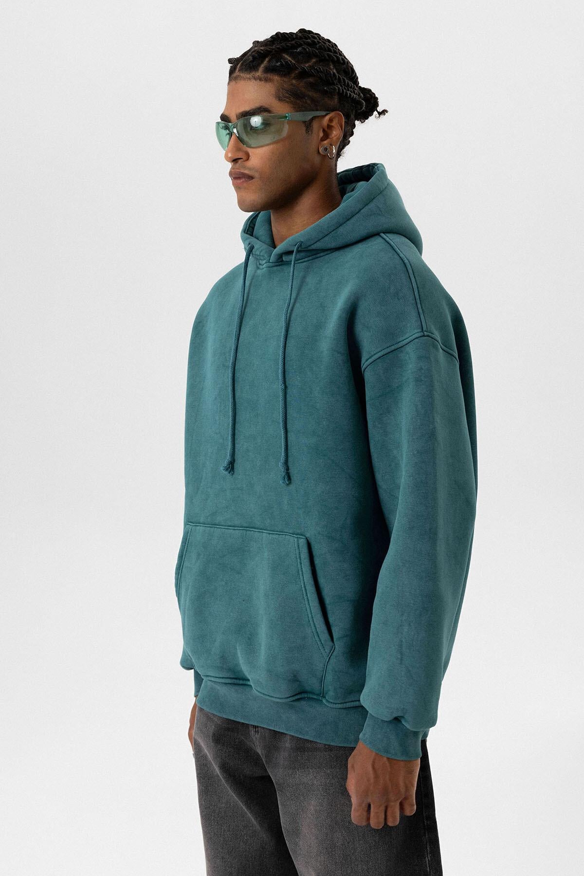 Basıc Yıkamalı Oversize Sweatshirt Petrol