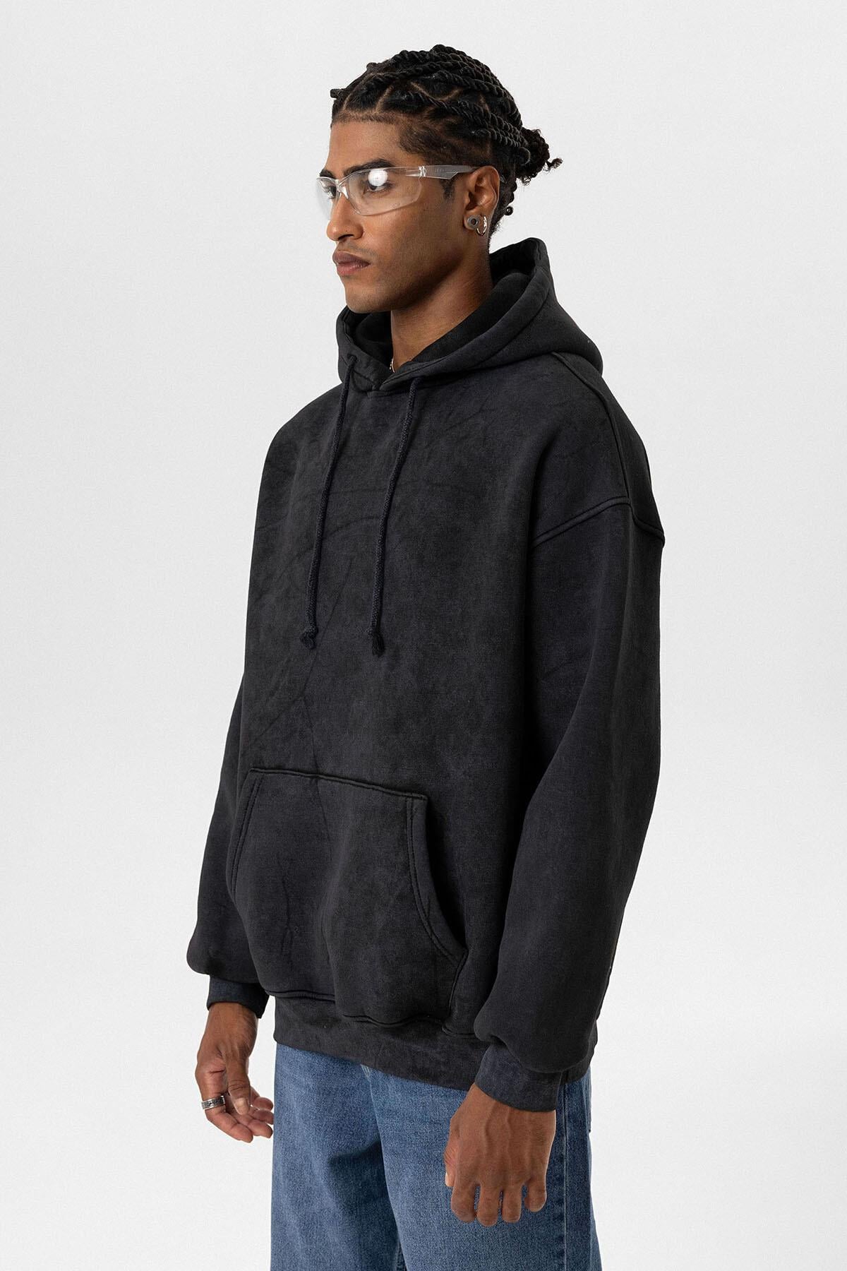 Basıc Yıkamalı Oversize Sweatshirt Siyah