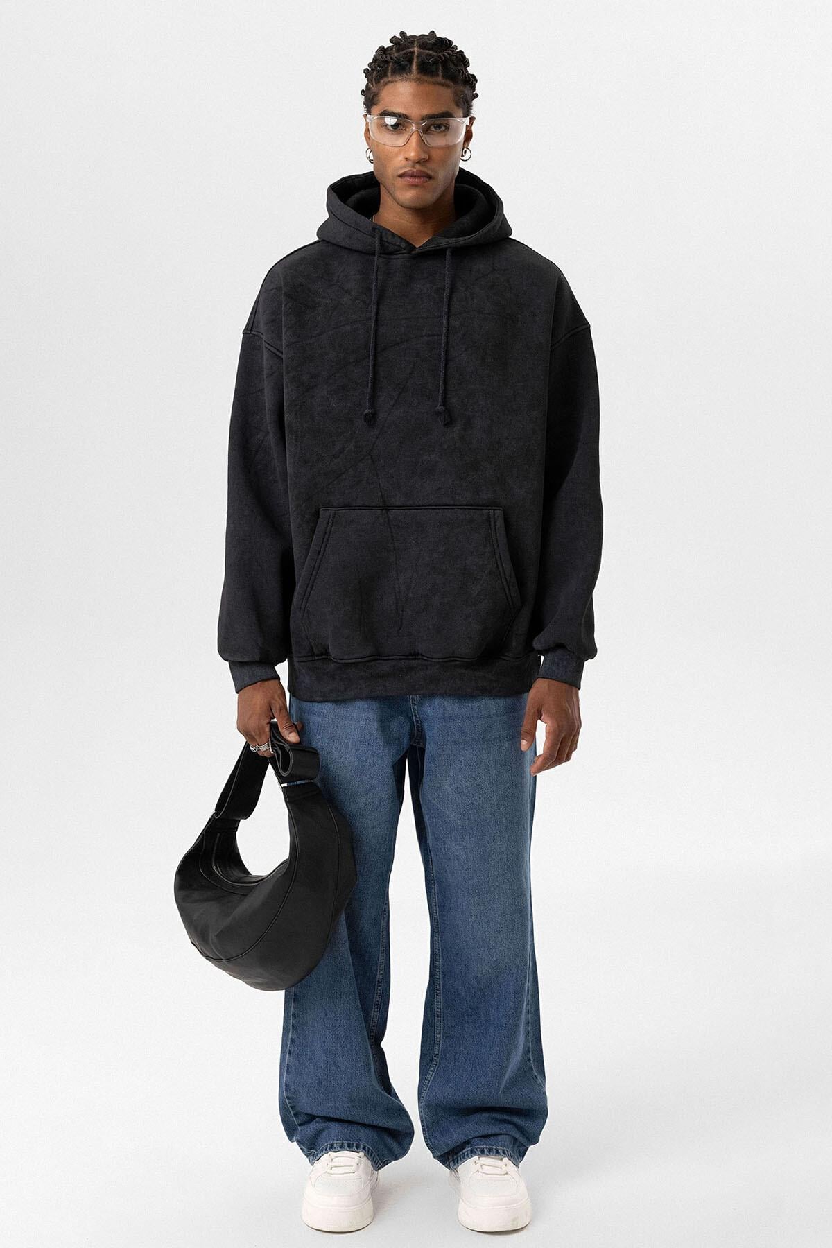 Basıc Yıkamalı Oversize Sweatshirt Siyah