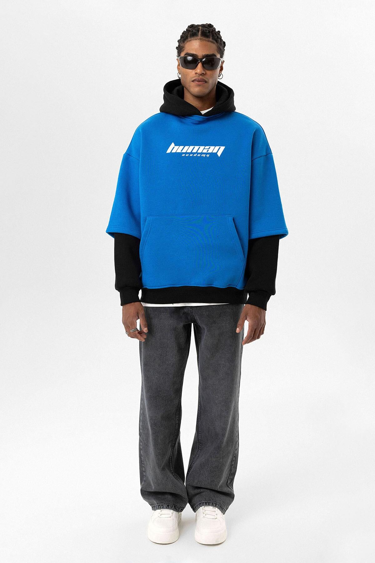 Baskılı Çift Kol Detaylı Oversize Sweatshirt Turkuaz