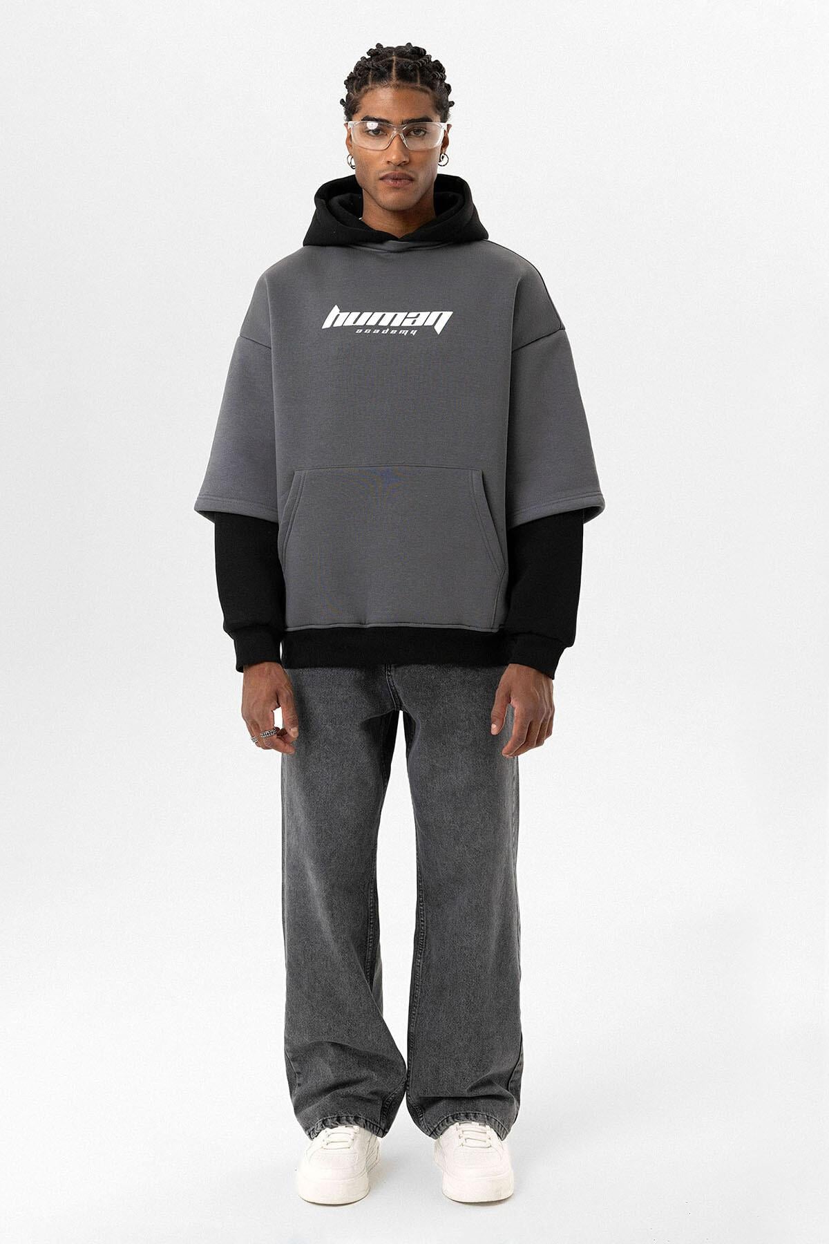 Baskılı Çift Kol Detaylı Oversize Sweatshirt Füme