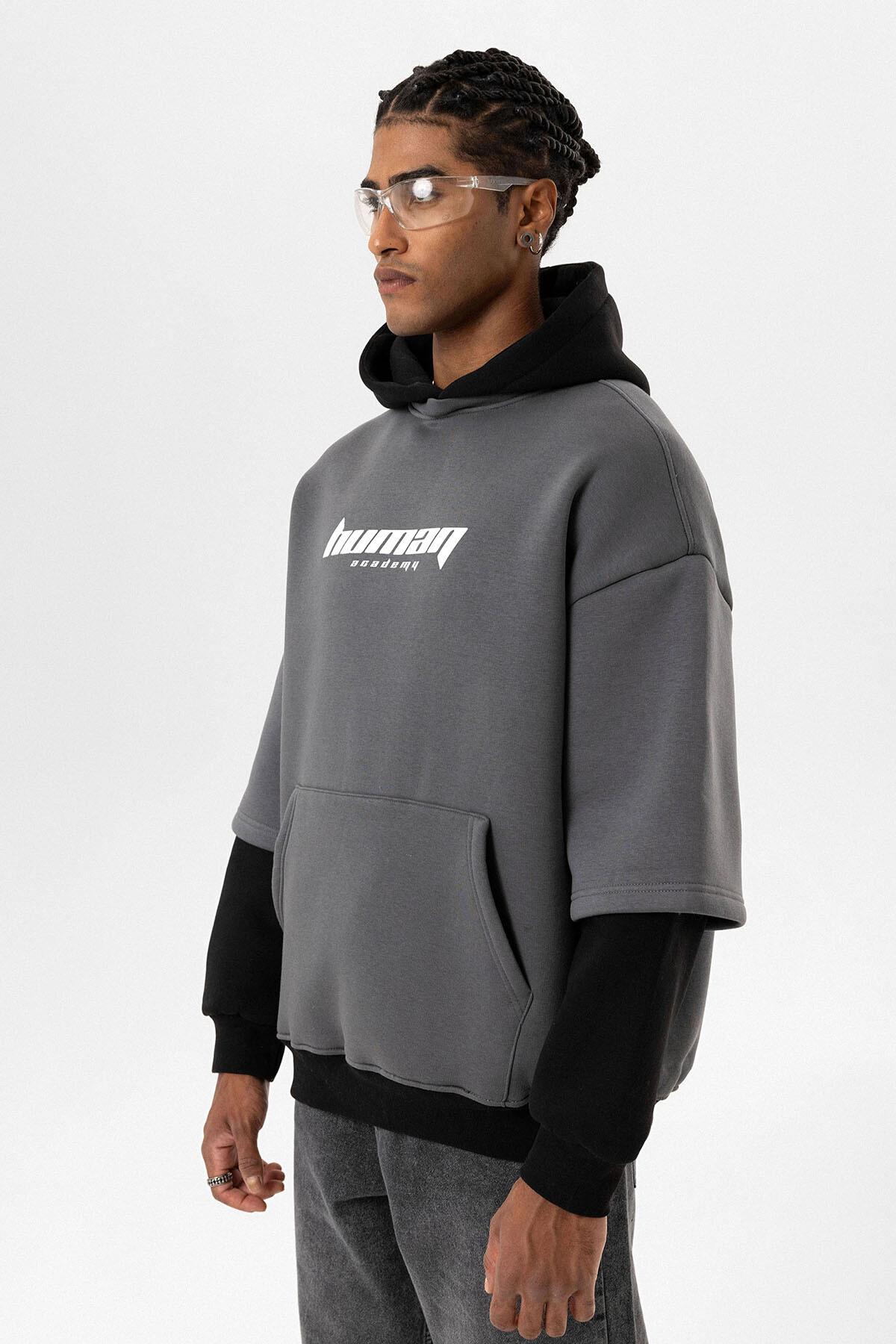 Baskılı Çift Kol Detaylı Oversize Sweatshirt Füme