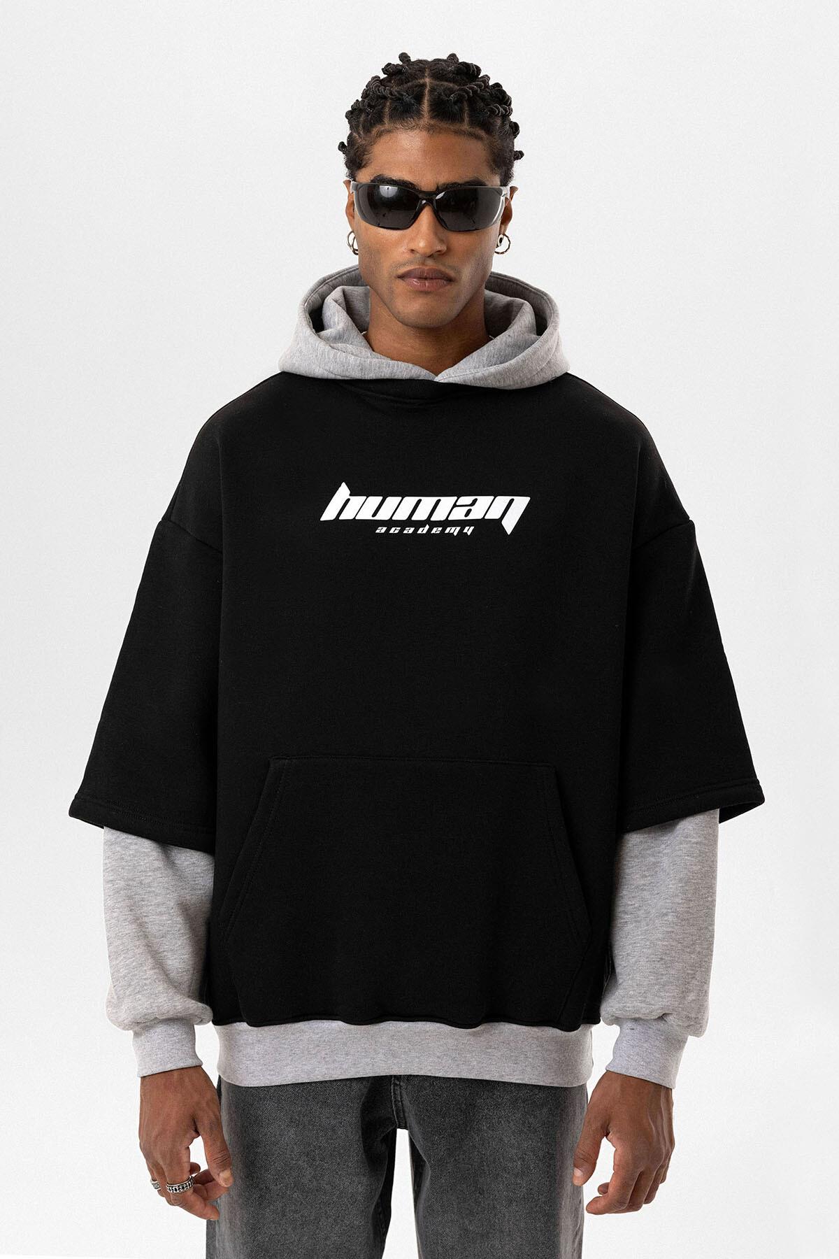 Baskılı Çift Kol Detaylı Oversize Sweatshirt Siyah