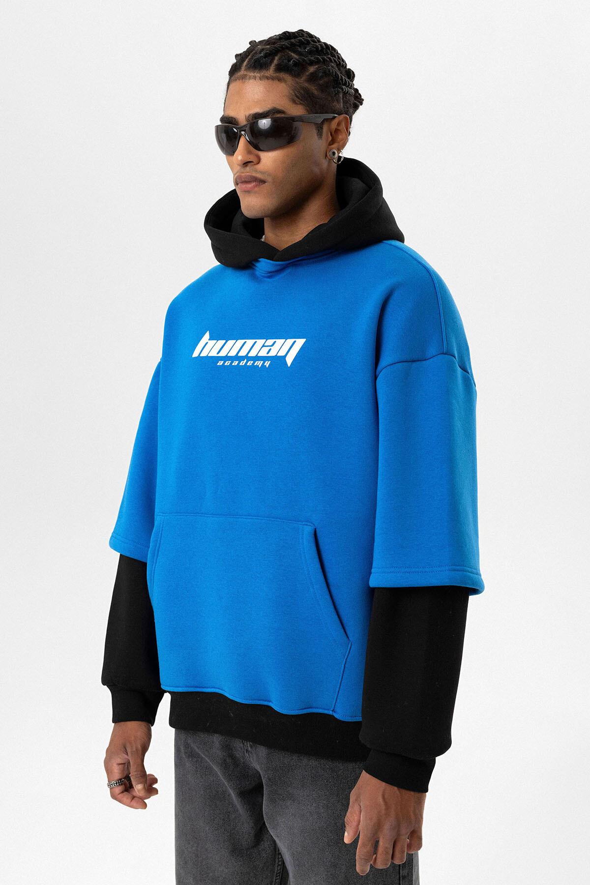 Baskılı Çift Kol Detaylı Oversize Sweatshirt Turkuaz