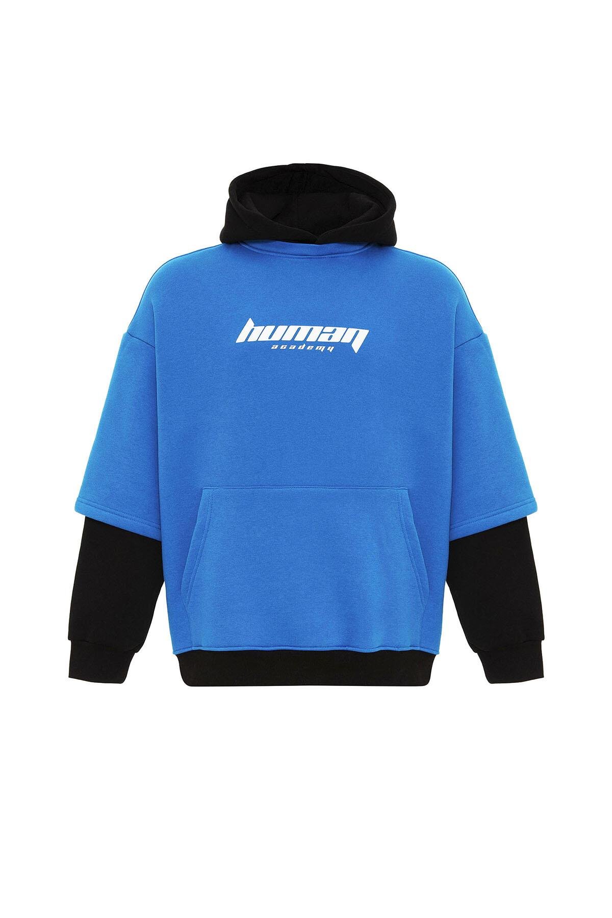 Baskılı Çift Kol Detaylı Oversize Sweatshirt Turkuaz