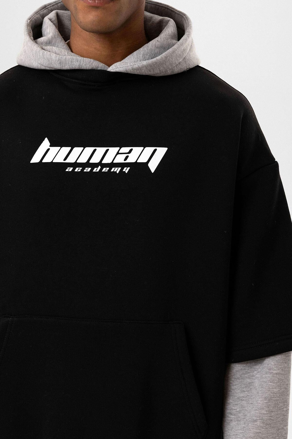Baskılı Çift Kol Detaylı Oversize Sweatshirt Siyah